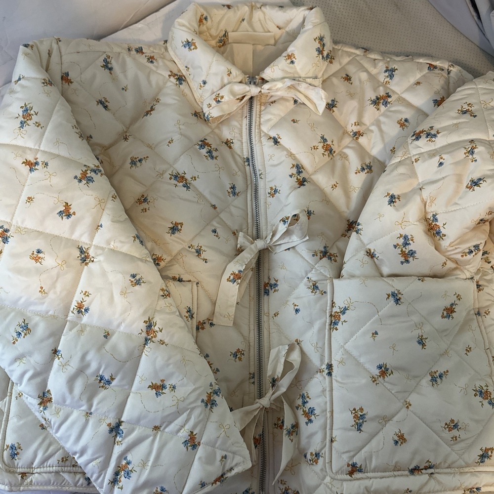 Women's Floral Quilted Jacket Zip Front Pockets Cream 100% Polyester XXL